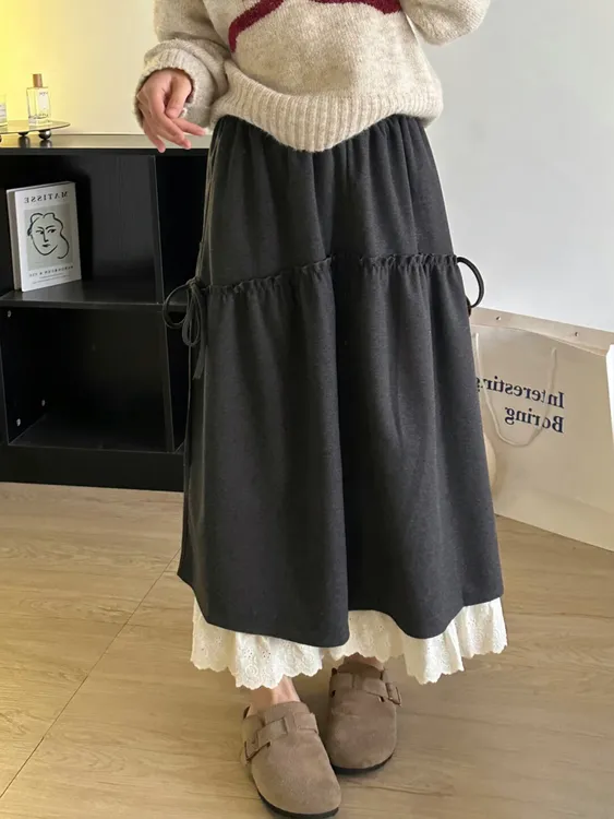 设计感拼接蕾丝半身裙女秋季毛呢长裙大码胖mm高腰显瘦韩系a 字裙