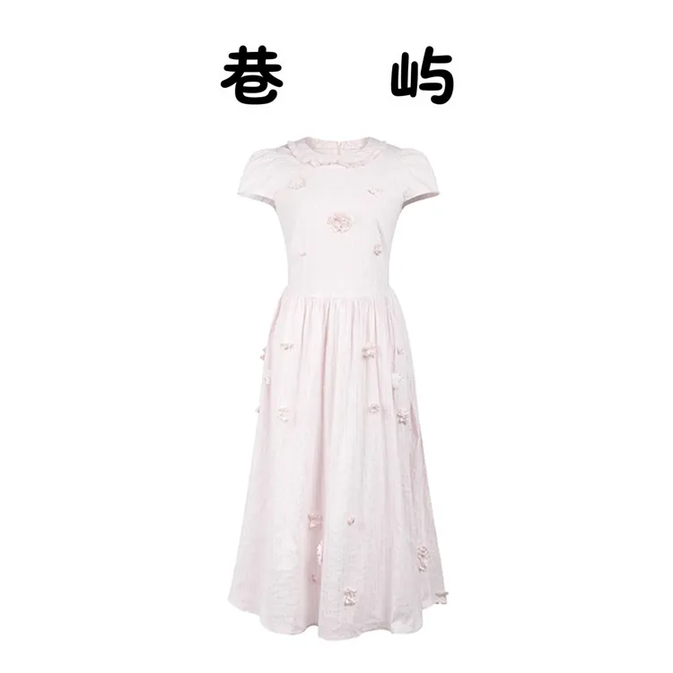 法式设计感立体花朵泡泡袖连衣裙女夏季法式甜美减龄收腰显瘦长裙