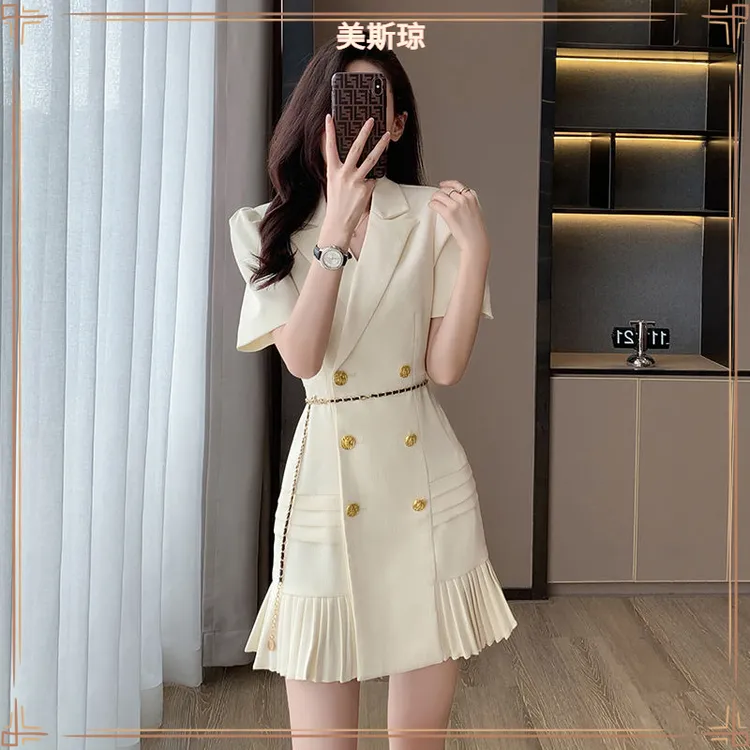 III夏季小香风感西装连衣裙2025年新款女小众气质茶歇法式百褶裙I