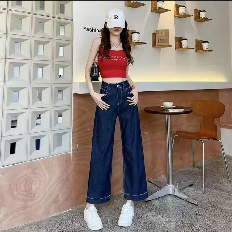 9016直筒牛仔裤丹宁蓝女夏季小个子阔腿裤九分薄款宽松窄版舒适