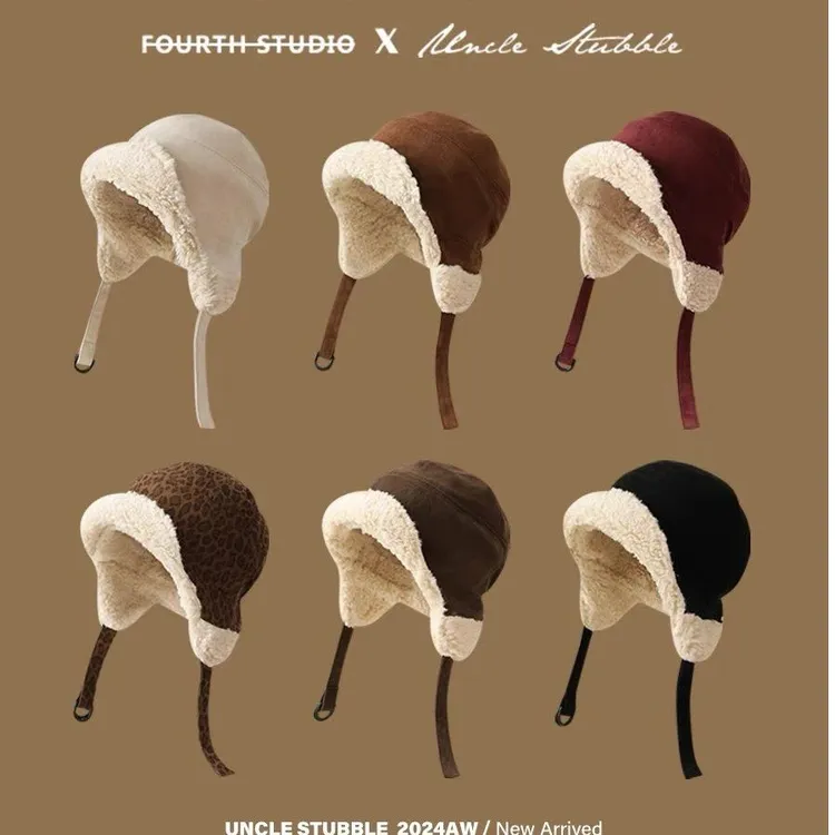 加绒羊羔绒飞行帽日系可爱女生护耳帽冬季加厚保暖雷锋帽男生潮人