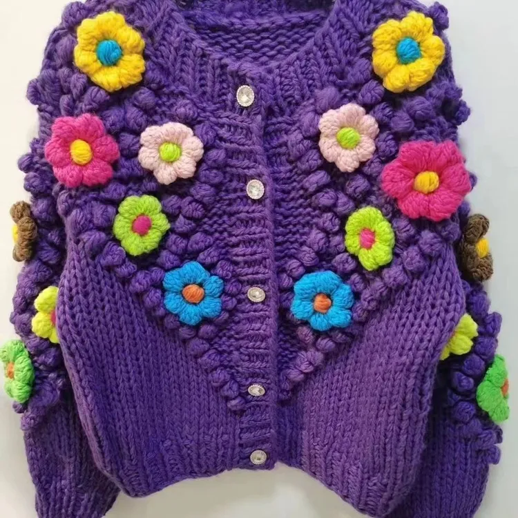 秋冬新款法式复古重工钩花毛衣外套女慵懒风甜美花朵针织开衫