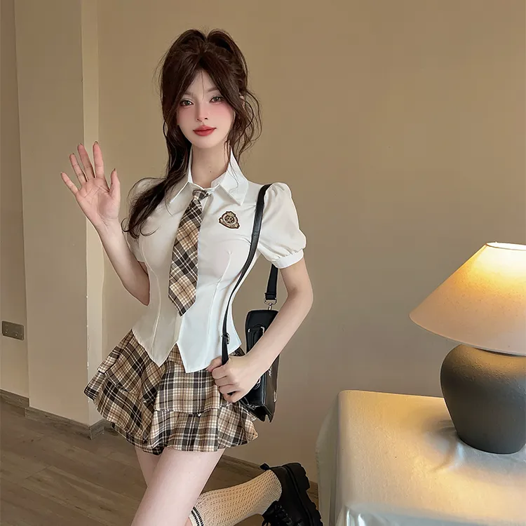 美式学院风jk制服套装女夏季可爱甜辣泡泡袖衬衫格子半身裙两件套