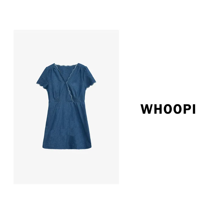 【Whoopi】【冰盐牛仔】法式V领蓝色蕾丝花边收腰连衣裙