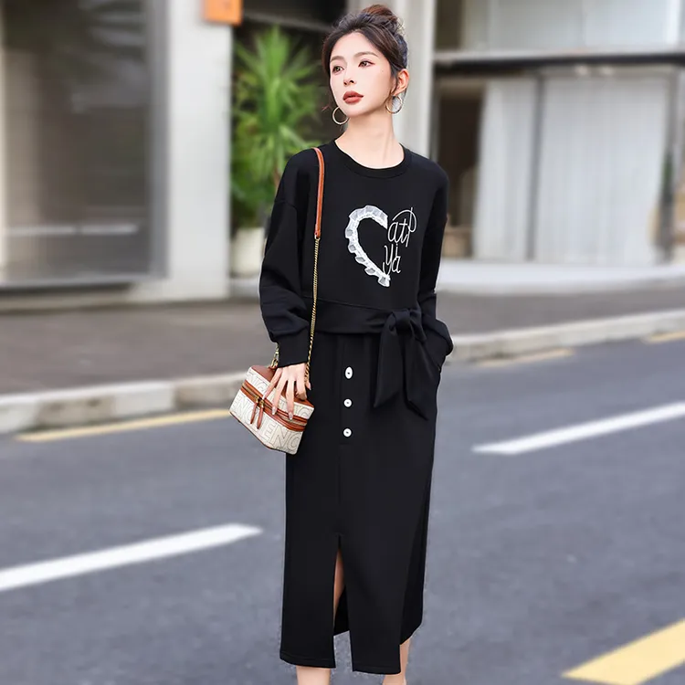 休闲风时尚套装两件套黑色春秋长袖拼接女装显瘦秋季中长款休闲