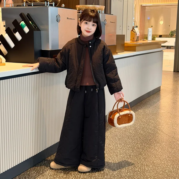女童冬季棉服纯色加厚棉衣套装2025新款休闲儿童中大童加棉两件套