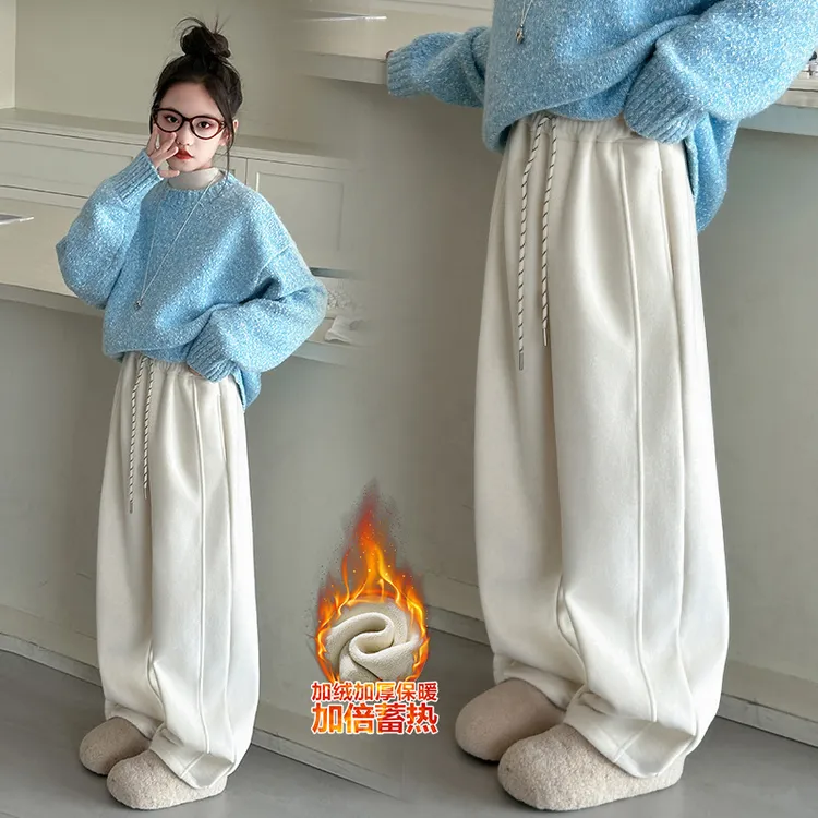 女童裤子加绒加厚2025秋冬新款糖果色羊绒弯刀裤中大童一体长裤潮