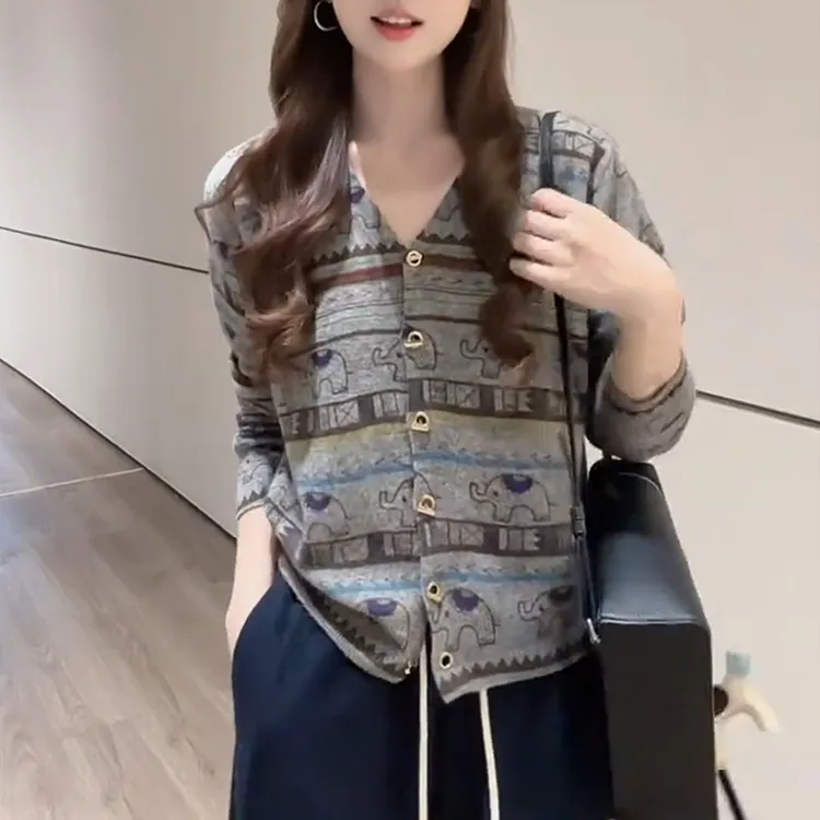 韩系慵懒风提花长袖针织衫外套女2025年春秋新款宽松显瘦开衫上衣