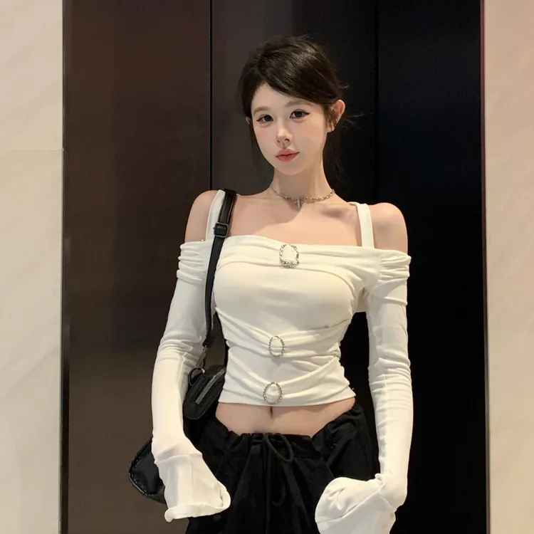 (浠儿姐姐)白色辣妹显瘦修身喇叭袖长袖T恤2025秋季新款法式女装