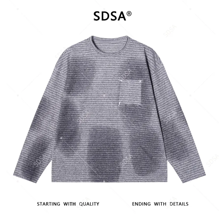 SDSA男士秋冬新款痞帅男装条纹扎染圆领长袖T恤四角线刺绣网红款