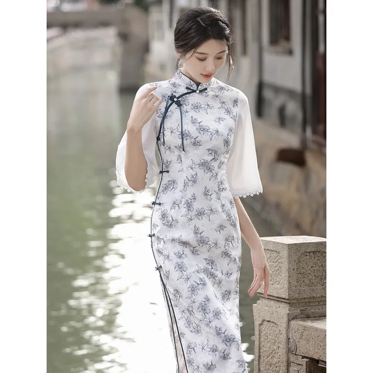 秋冬新款复合蕾丝旗袍连衣裙中长款日常改良传统旗袍