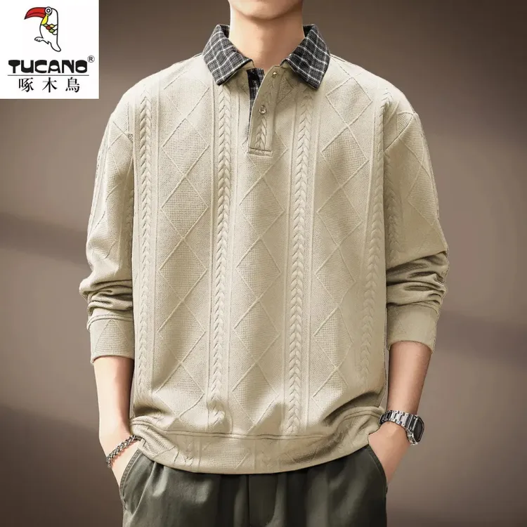 高端美式麦穗纹肌理Polo衫男秋季新款假两件宽松翻领休闲长袖卫衣