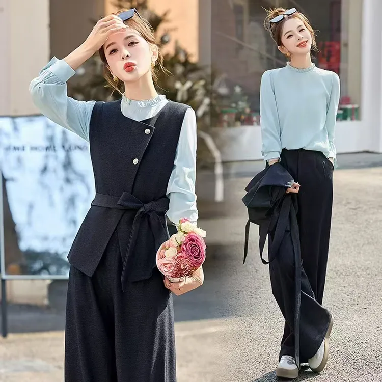 2025春季新款时尚气质显瘦长袖衬衣马甲高腰阔腿时尚套装女三件套