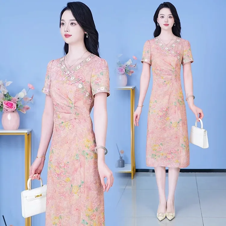 新中式国风连衣裙女2025夏季新款洋气显瘦收腰中长款盘扣改良旗袍