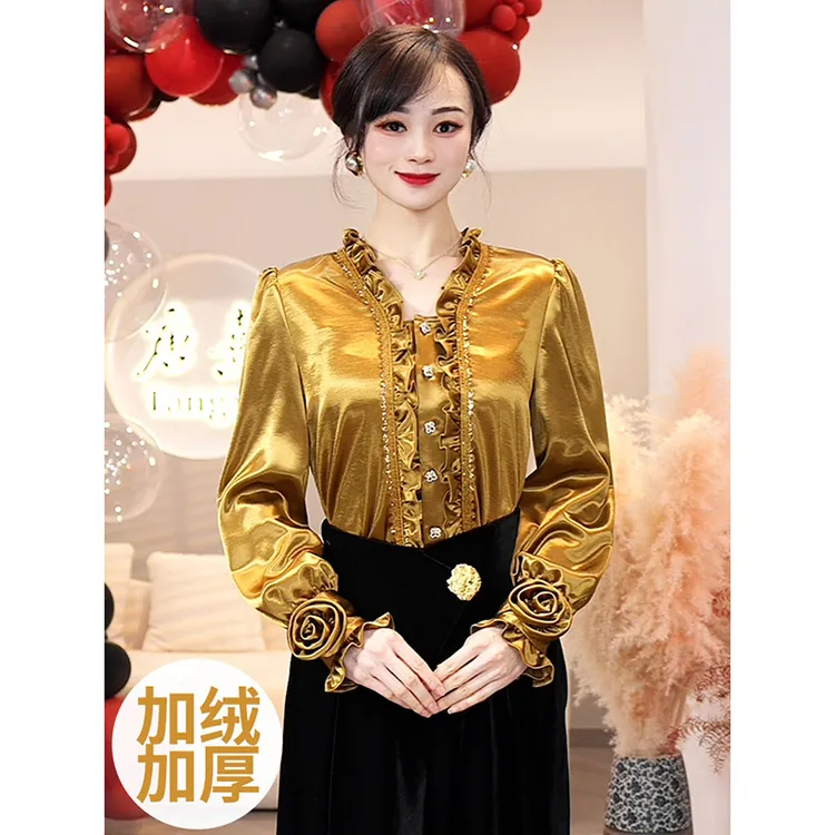 2025秋冬新款【Q-D861】加绒加厚宽松高级感缎面金色衬衫上衣女