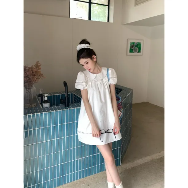 【赵小小&白昼童话】28936 法式风娃娃领泡泡袖宽松遮肉显瘦连衣裙