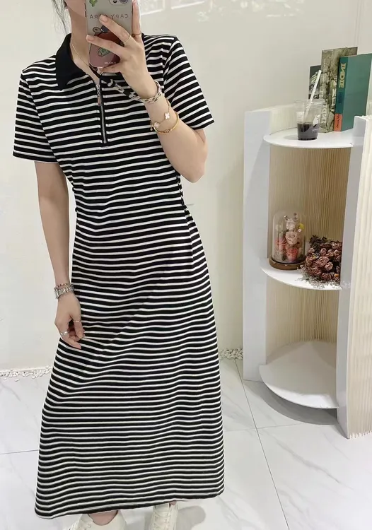 840时尚显瘦条纹中长连衣裙