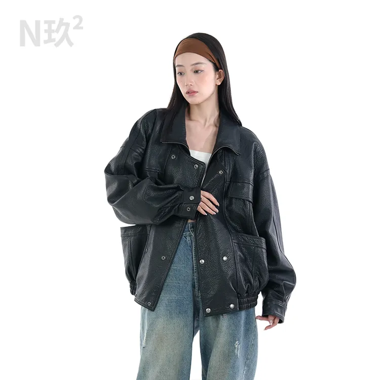 立翻领拉链廓版宽松休闲皮衣秋季黑色复古绵羊皮女夹克时尚百搭