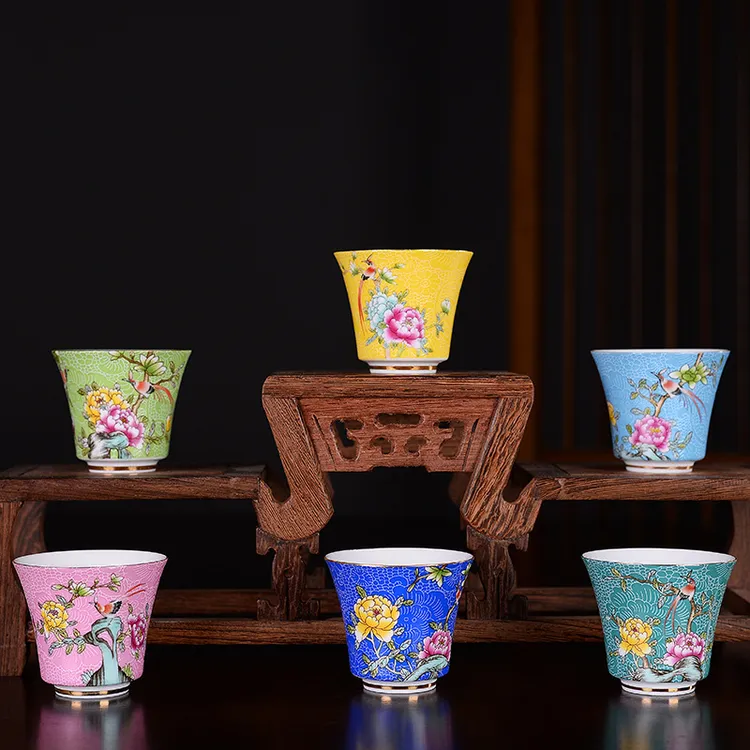 茶具茶杯陶瓷茶碗粉彩扒花品茗杯主人单杯 茶盏手绘 功夫茶杯家用