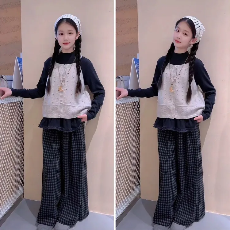 春秋季女童装韩系马甲格子裤套装2025新款儿童大童时髦洋气三件套