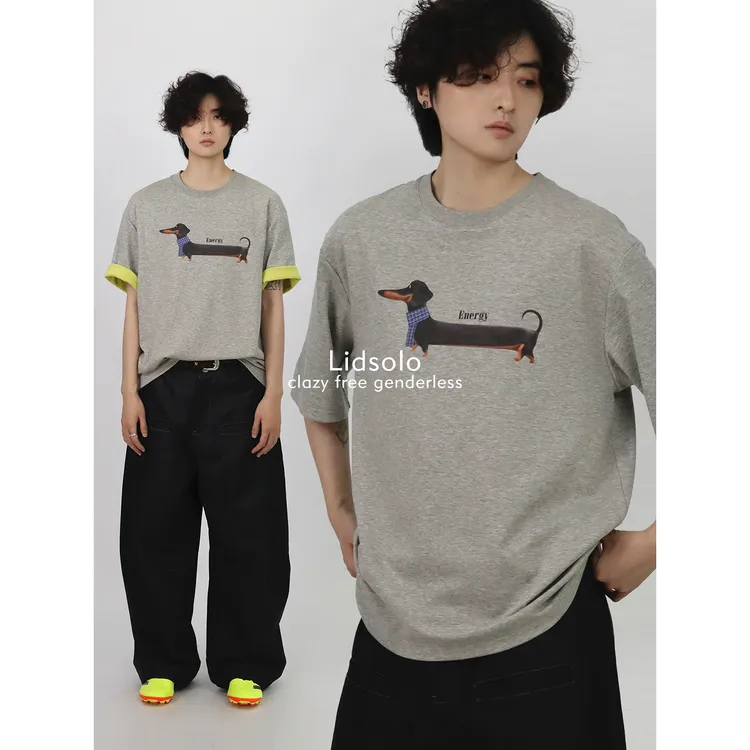 Lid solo【设计师款】双面撞色印花卡通短袖舒适T恤 定制腊肠狗