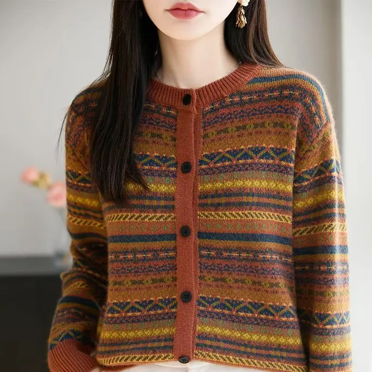 【暖橘南瓜】秋冬季新款洋气复古撞色爆款长袖短款针织开衫329上衣