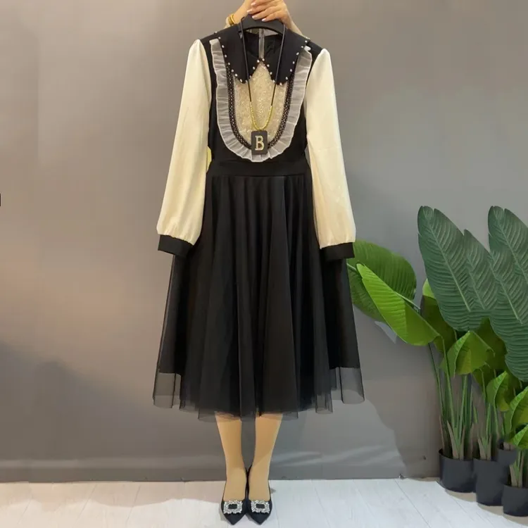 胖妹妹新款秋冬法式名媛风拼接收腰显瘦减龄韩系气质大码连衣裙女