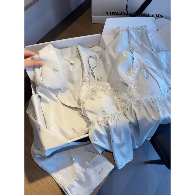 纯欲风蝴蝶冰雪丝睡衣四件套春夏新款带胸垫性感吊带长袖家居服