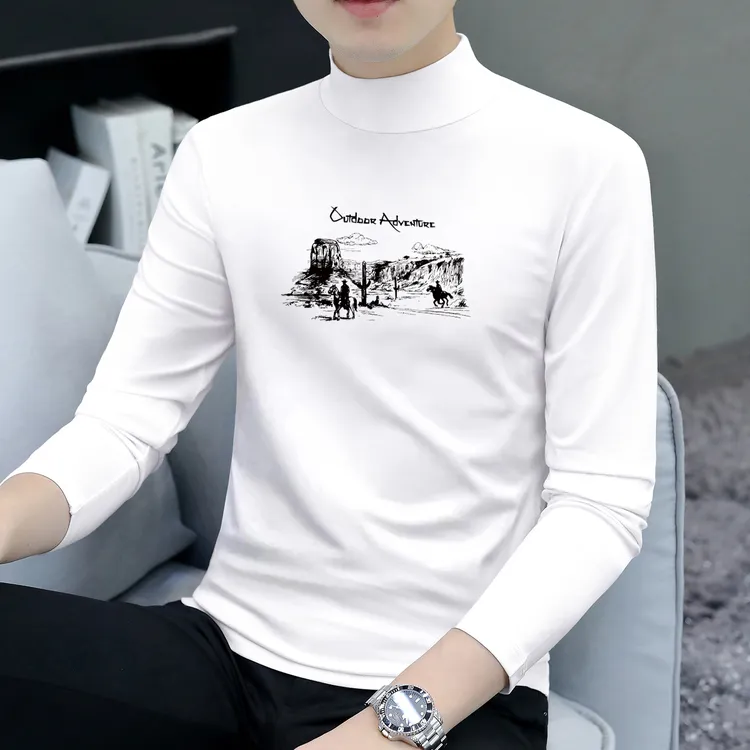 半高领打底衫男士春秋款百搭印花休闲时尚修身新款韩版长袖t恤男