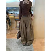 宋正恩卡其色洗水棉休闲裤女高腰宽松直筒裤设计感阔腿裤aas83062