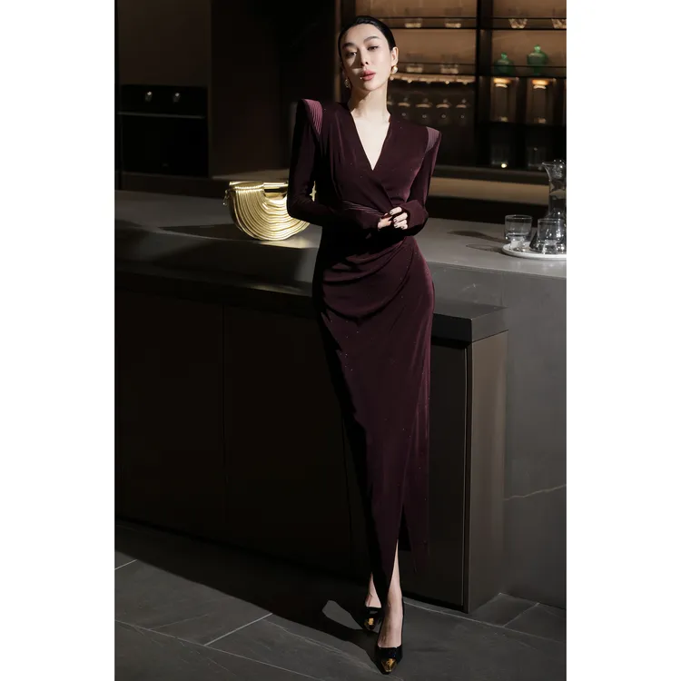 ZEROYK高端定制醋酸针织连衣裙法式气质收腰显瘦V领开叉晚宴礼服