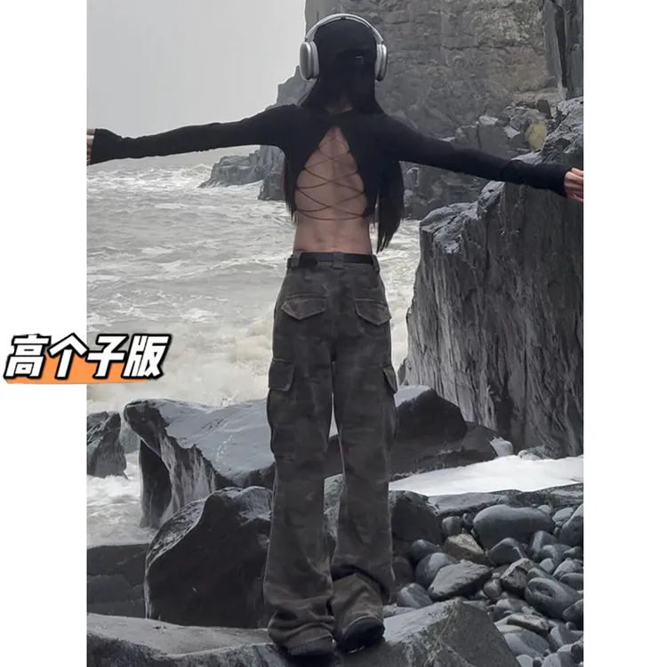 裤长110cm高个子175加长美式直筒迷彩工装裤女休闲宽松牛仔拖地裤