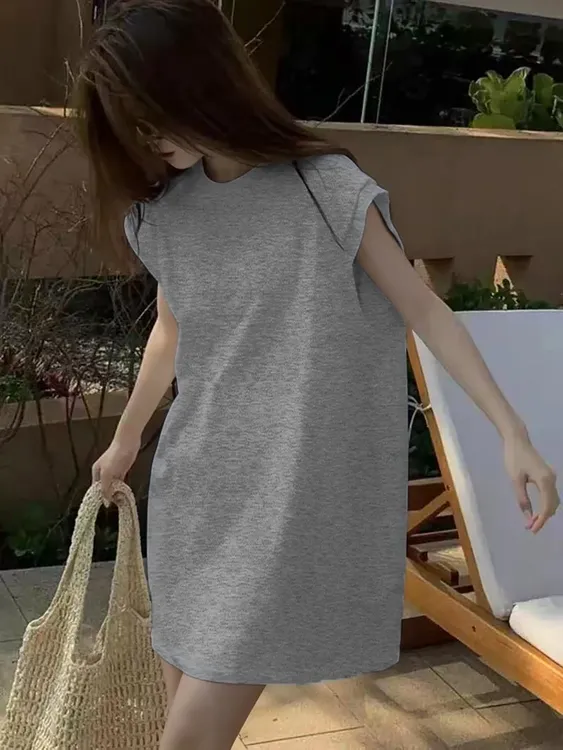 优质棉韩版中长款无袖圆领T恤裙设计款宽松夏季纯色背心裙休闲裙