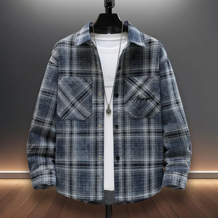 秋季新款美式男士休闲百搭格子翻领外套长袖夹克潮流简约宽松上衣