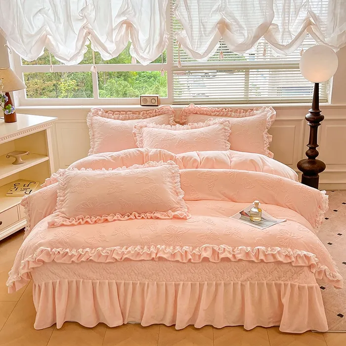 秋冬新款牛奶绒四件套公主风床单款床盖款可机洗不掉毛不起静电
