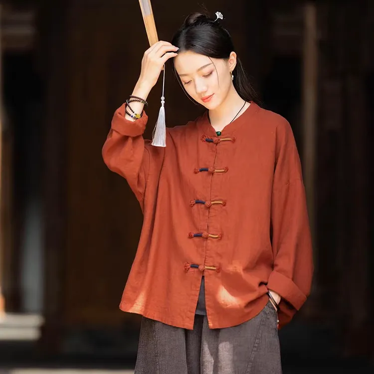 文艺居士服古风复古红撞色盘扣禅意茶服外套新中式棉麻长袖开衫女