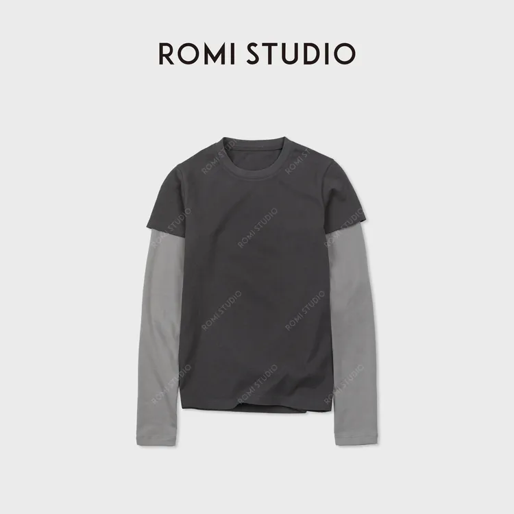 ROMI STUDIO“休闲复古”全棉舒适挺阔拼色假两件长袖T恤RWCAS66651