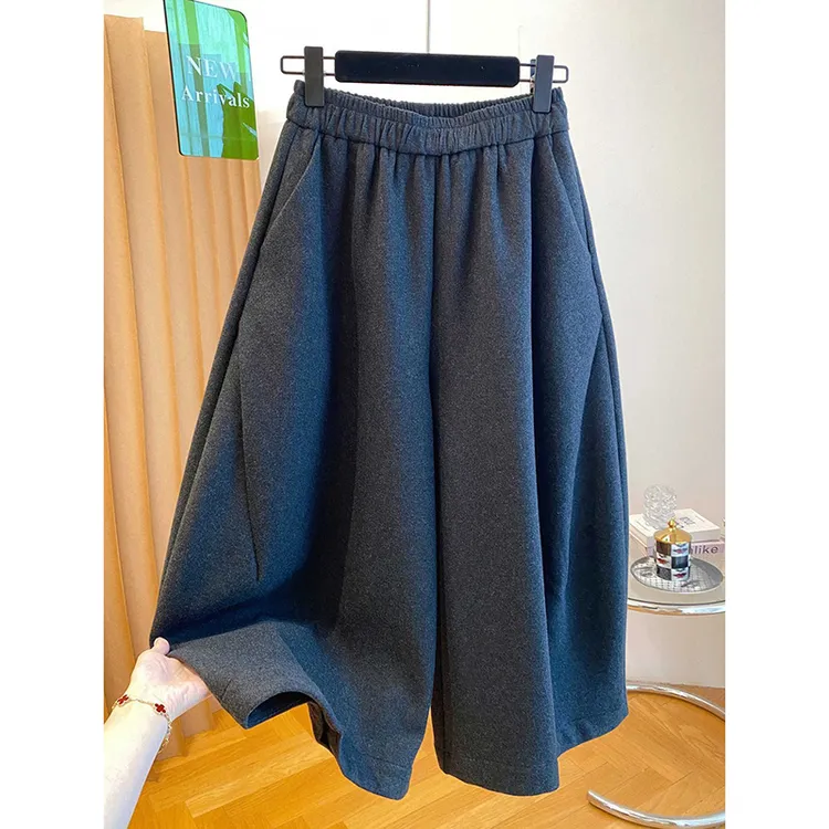 {全额运补}加厚灰色毛呢阔腿裤女弯刀裤超好看八分裤子