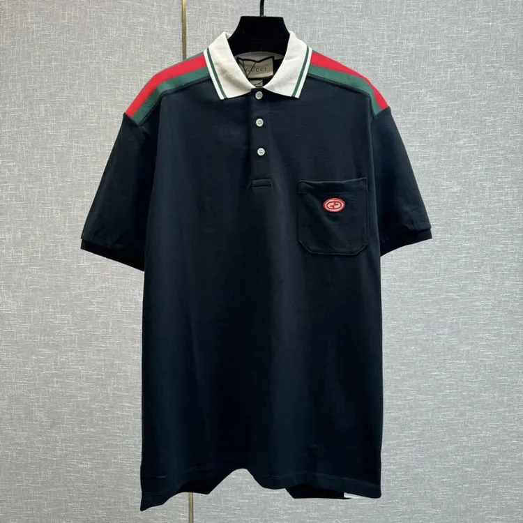 未使用 GUCCI/古驰 25新款双G刺绣标识 肩部红绿条纹黑色Polo衫