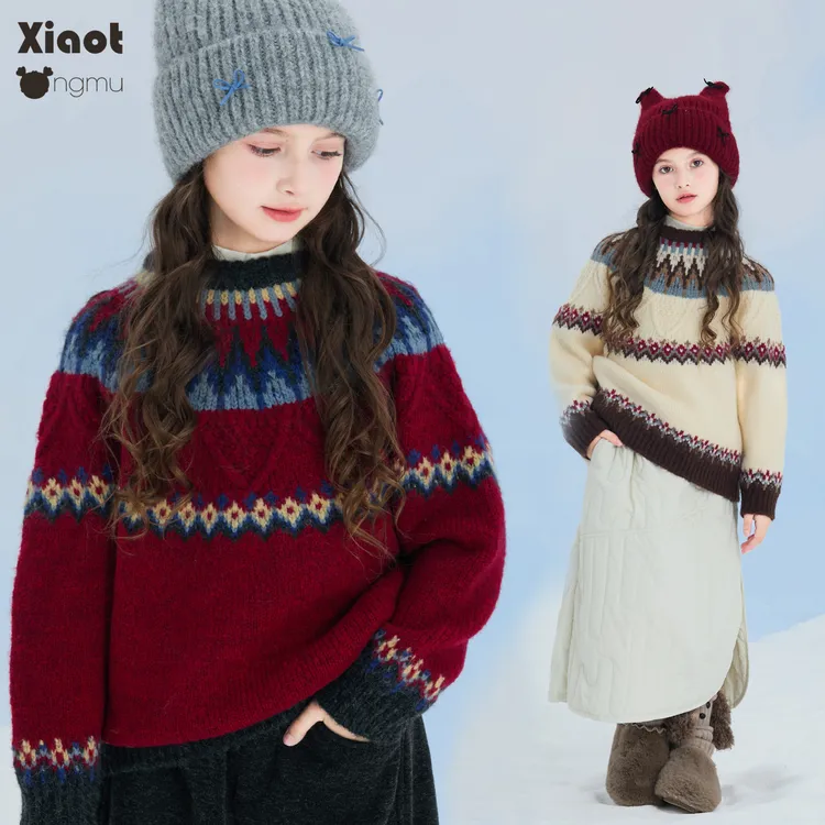 小童木 复古费尔岛女童毛衣秋冬2025新款民族风中大童套头针织衫