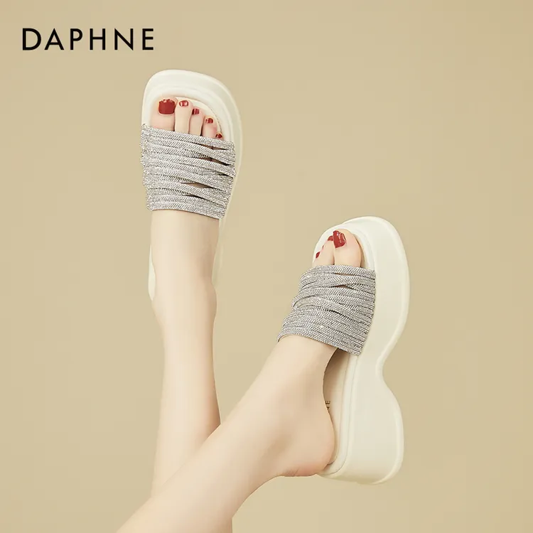 达芙妮仙女风粗跟拖鞋女鞋2025夏季新款厚底水钻高跟露趾凉鞋3003