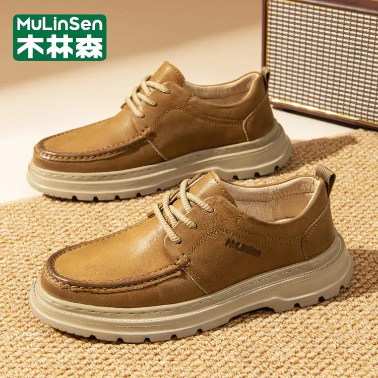 木林森男鞋2025年新款爆款英伦复古头层牛皮大头休闲低帮工装皮鞋