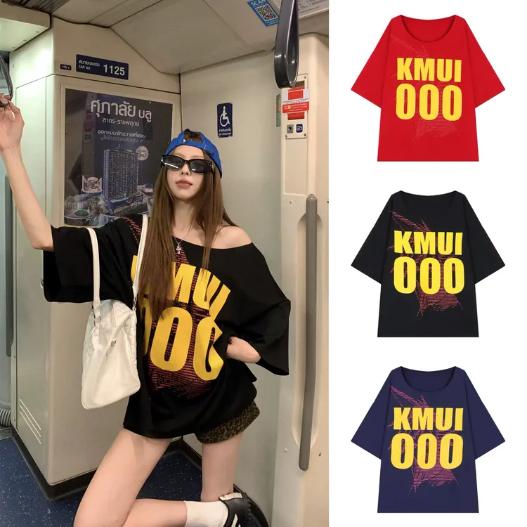 辣妹美式复古字母印花斜肩T恤女装夏季休闲宽松显瘦红色露肩上衣