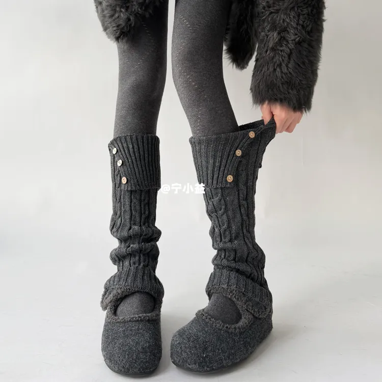 宁小益翻边针织袜套女春秋冬款纽扣开叉小腿套灰色麻花纹堆堆袜子