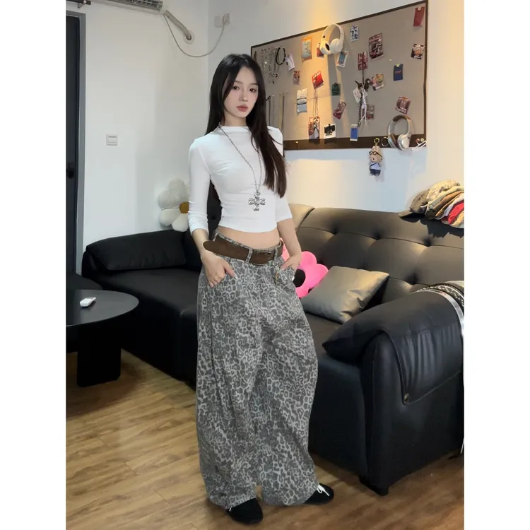 美式复古解构廓形豹纹弯刀牛仔裤男女潮牌设计感阔腿宽松休闲长裤