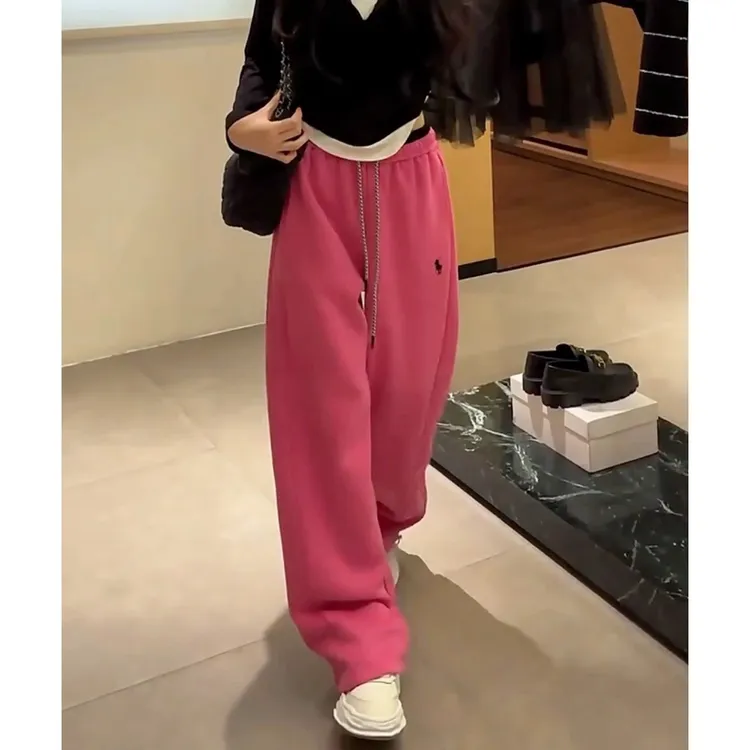 韩风时尚蜜桃粉色拼接腰头抽绳刺绣弯刀休闲运动阔腿卫裤2025秋季