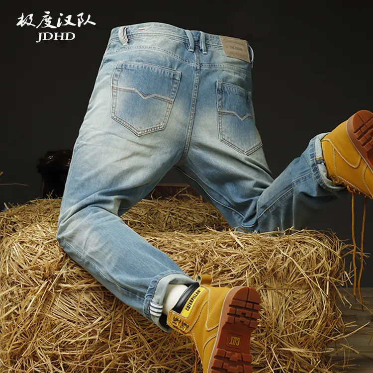 极度汉队【中古浅蓝】轻奢质感手工擦白水洗百搭直筒牛仔裤男士大牛