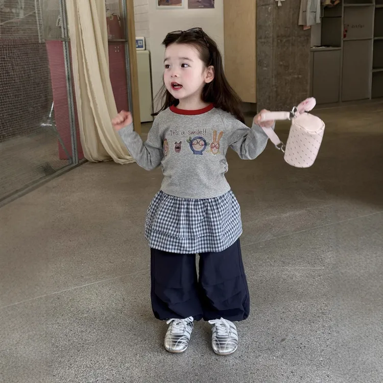 女童洋气韩系卡通长袖2025春秋季T恤屁帘工装裤套装可爱秋童装