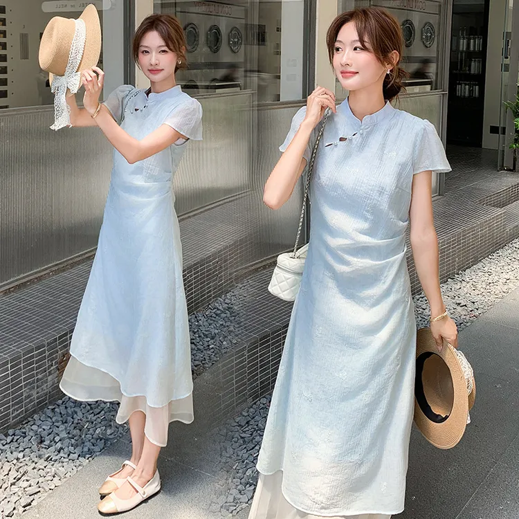 新款夏季绣花新中式风设计感收腰蓝色气质旗袍连衣裙裙子女