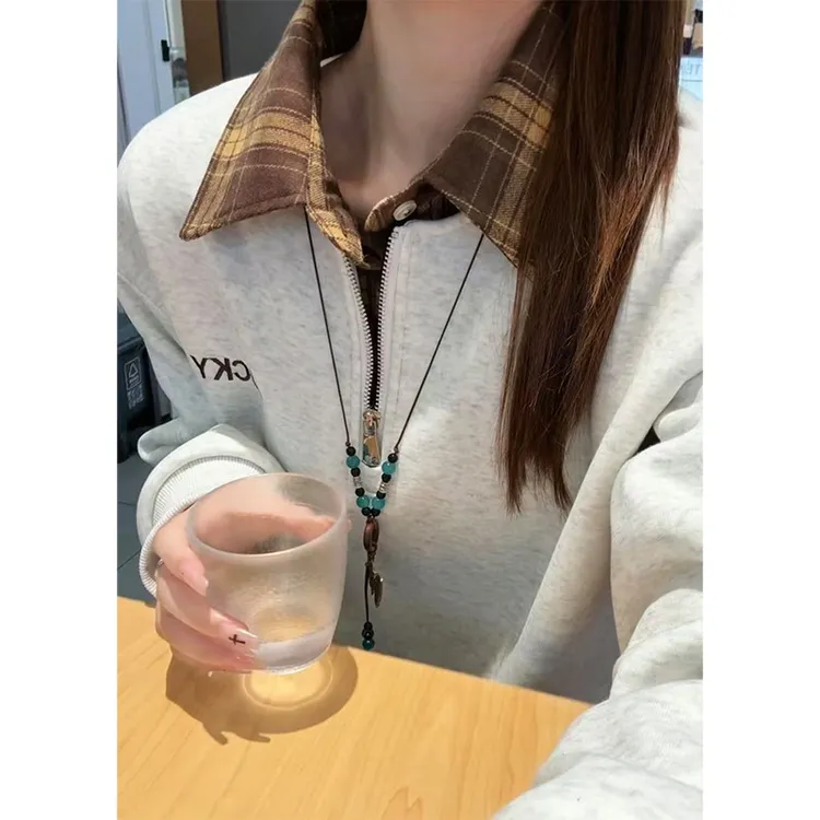 美式撞色假两件半拉链卫衣男女款秋冬季格子领加绒加厚POLO衫外套